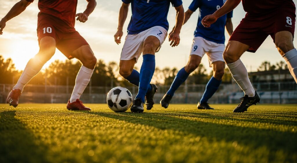 Joueurs de football disputant un match sur un terrain